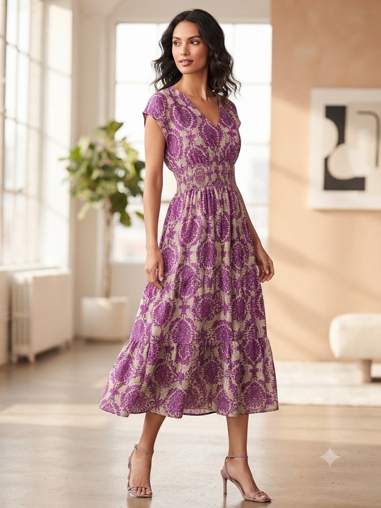 No brand tags Dresses & Skirts - Women’s Purple Printed V-Neck Midi Dress NWOT